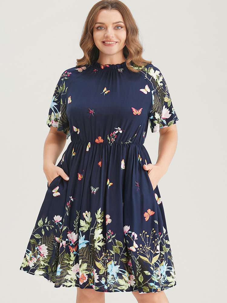 Floral & Butterfly Print Pocket Shirred Mock Neck Ruffles Dress