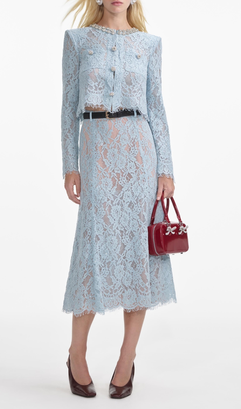 Blue Lace Embellished Top & Midi Skirt