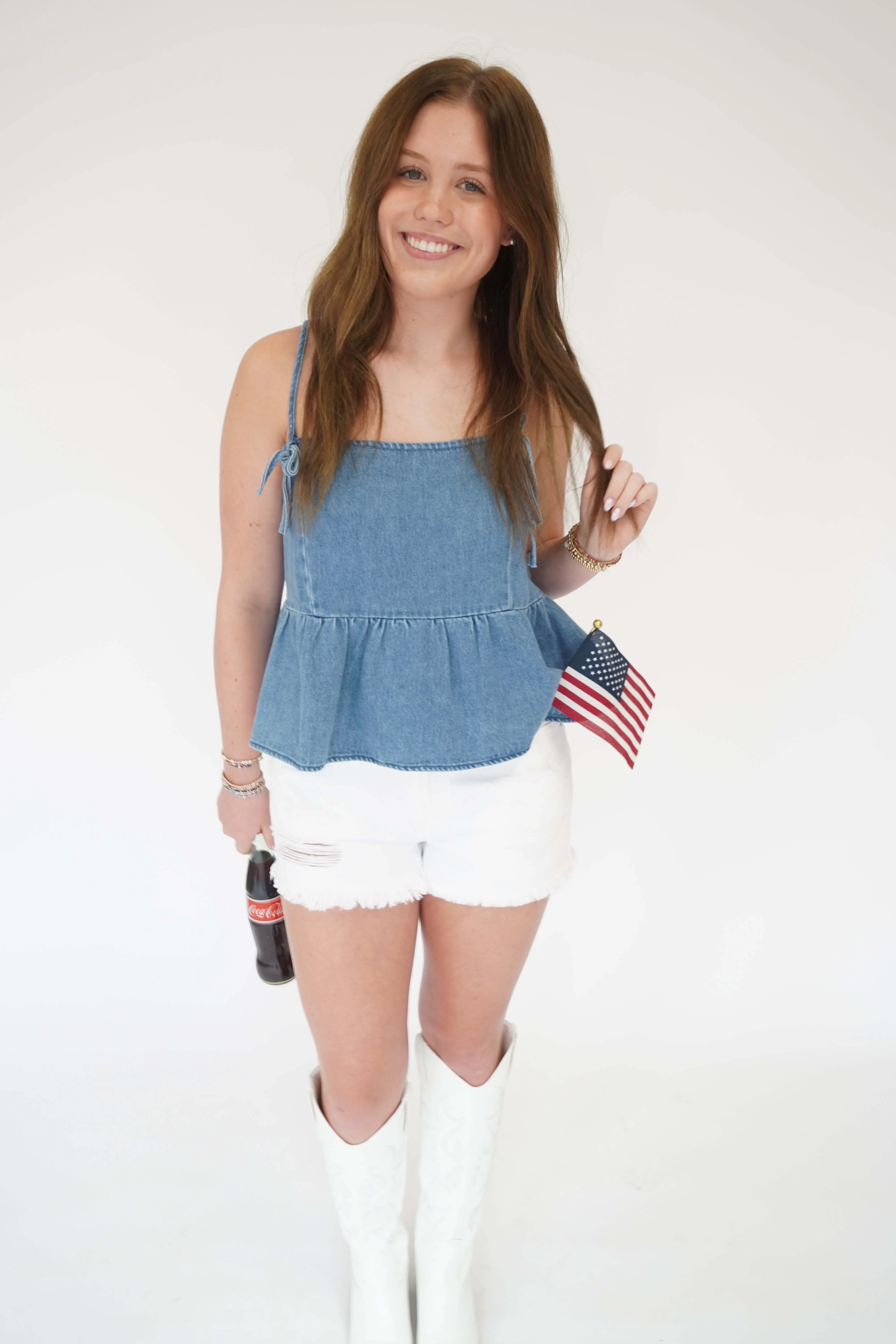 American Honey Chambray Peplum Top - Light Denim