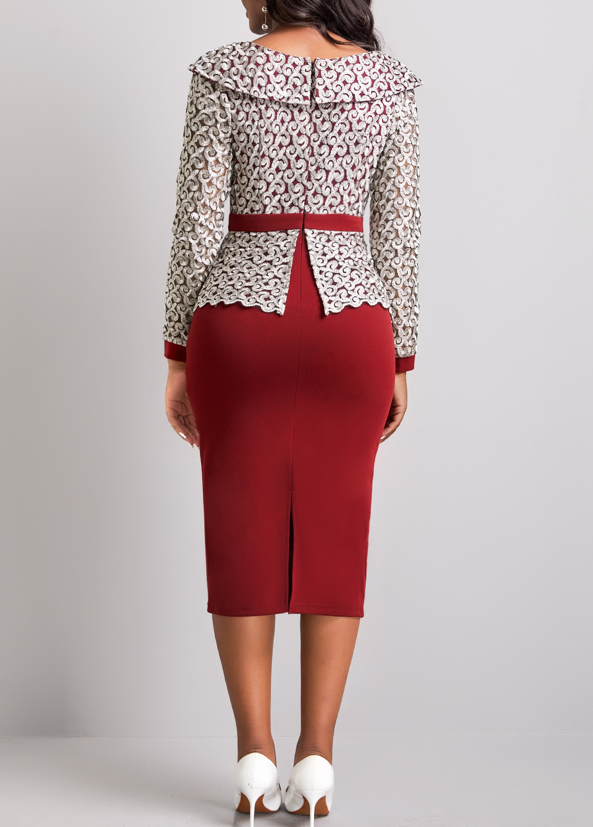 Wine Red V Neck Embroidered Bodycon Dress