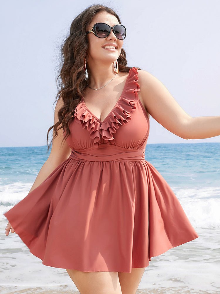 Ruffle Trim Adjustable Straps Gathered Sculpt Waist Swim Dress
