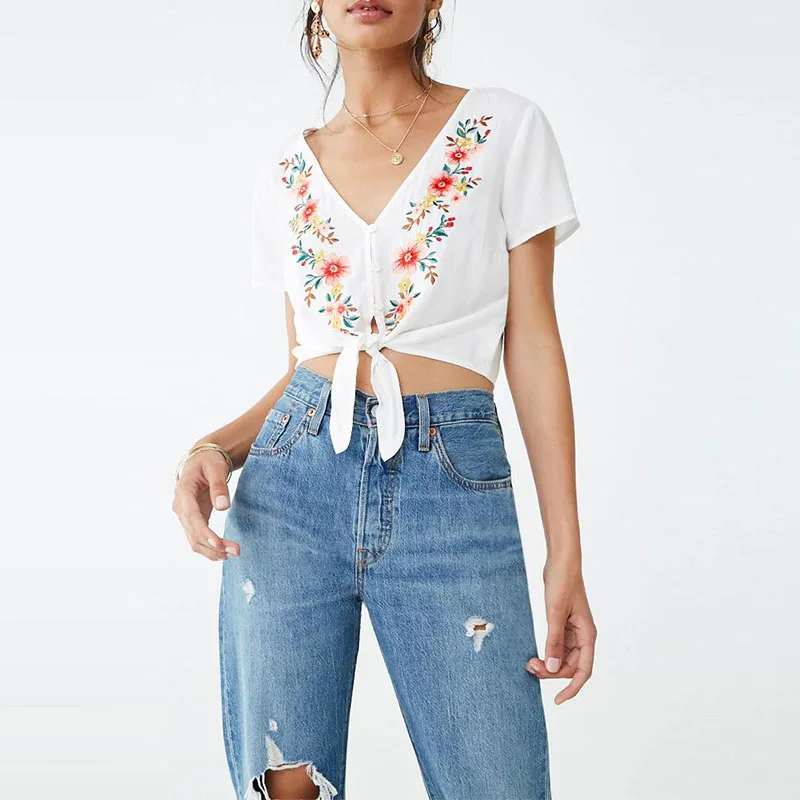 Best Selling Women's Summer Tops V-Neck Breathable Casual Floral Embroidered Short Sleeve Blouse
