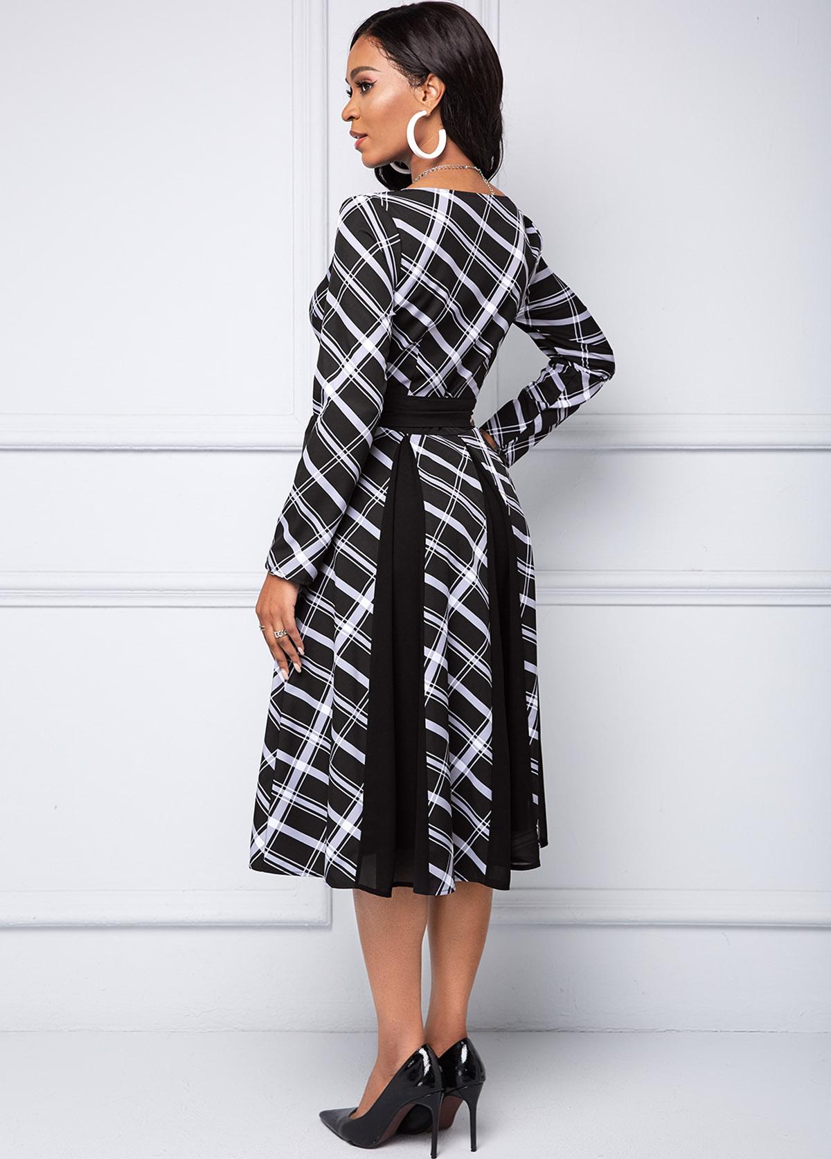 V Neck Long Sleeve Plaid dress