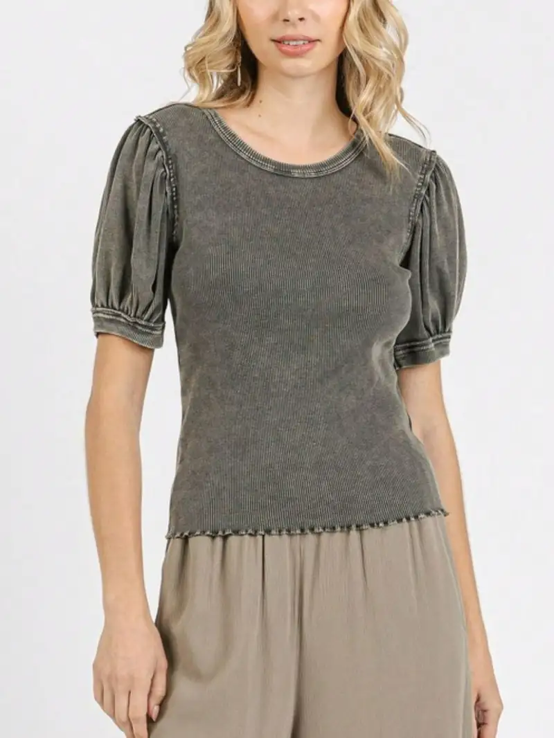 Womens Casual Vintage Chic Puff Sleeve Ribbed Knit Top Charcoal