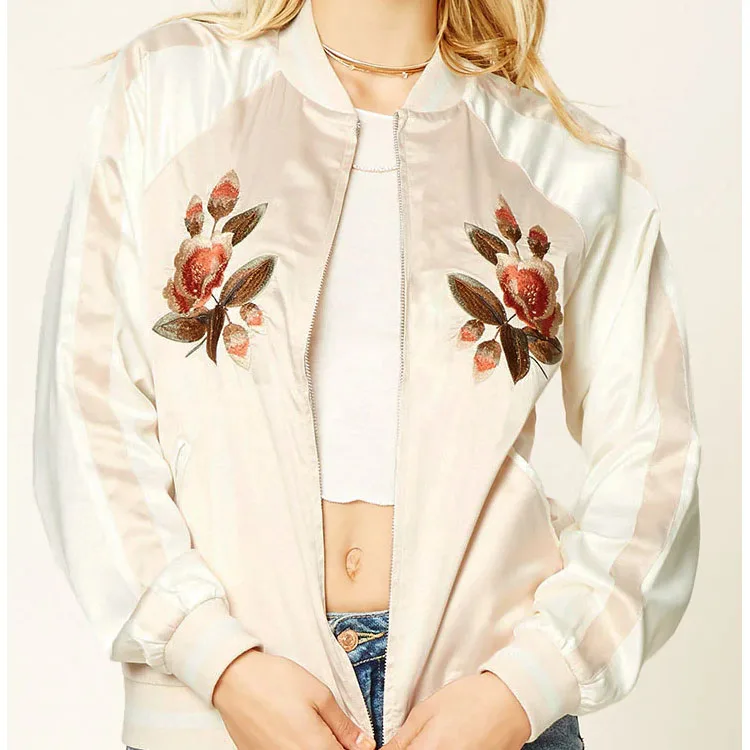 Autumn Jacket Women Zipper Closure Collar Ribbon Decorations Floral Embroidery Satin Bomber Jacket