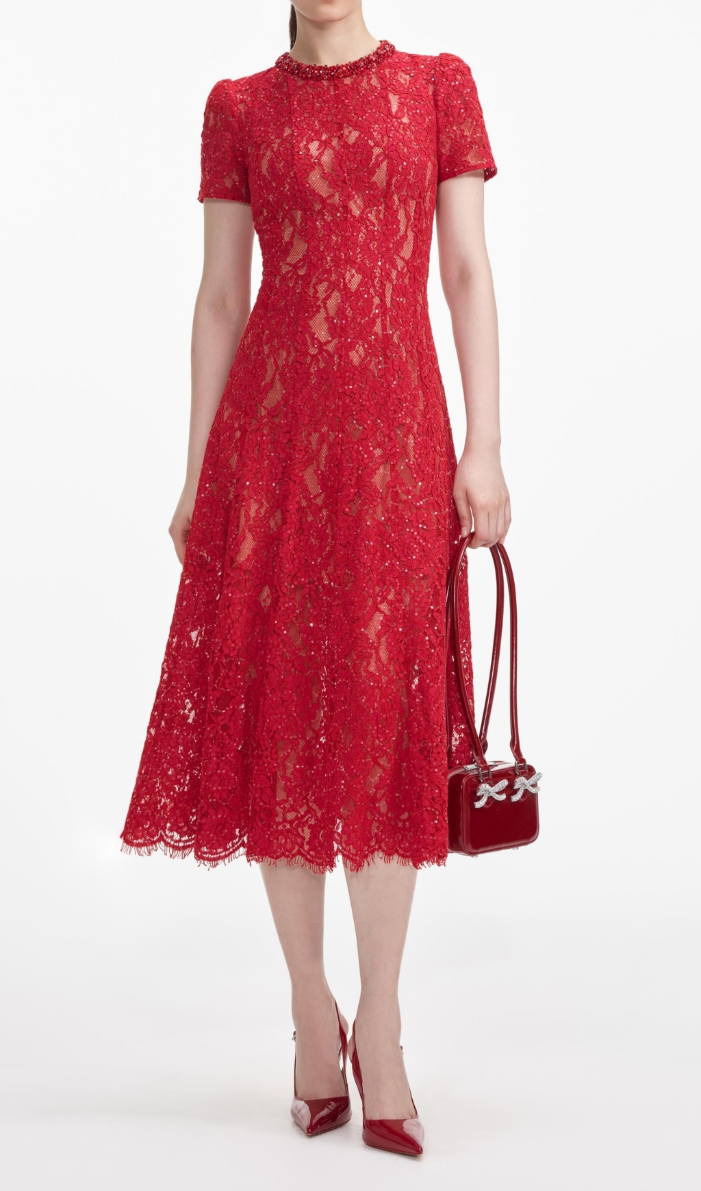 Red Sequin Lace Midi Dress