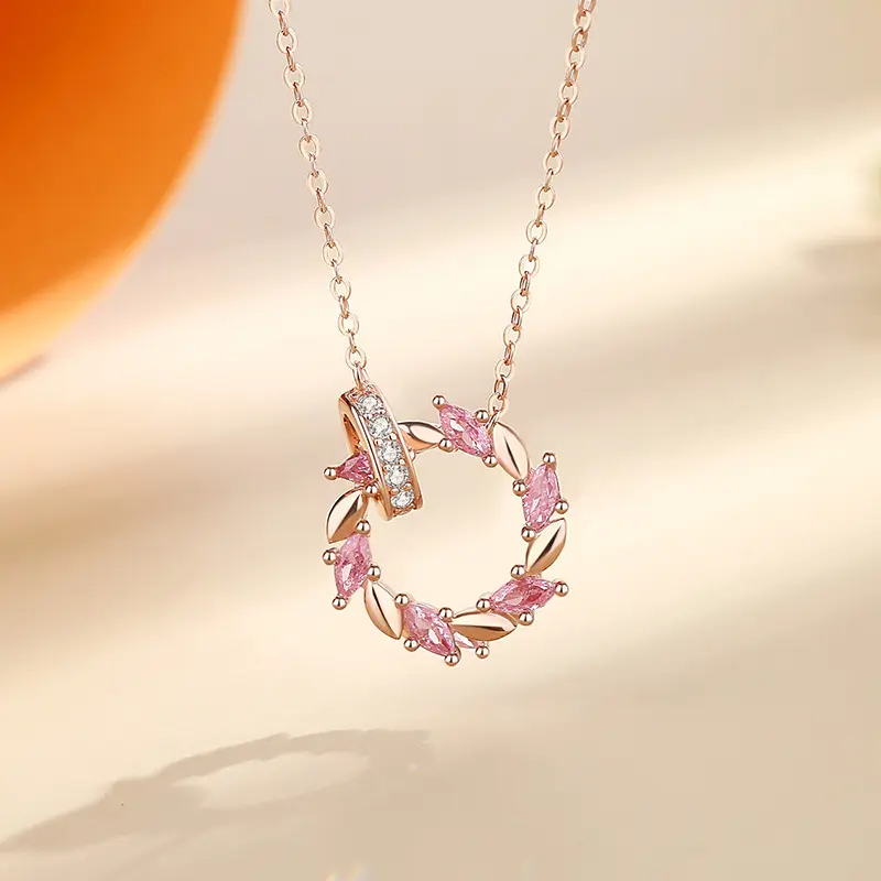 Wheat Ear Interlocking Zircon Rose Gold Diamond Circle Pendant Necklace For Women Girl Gift
