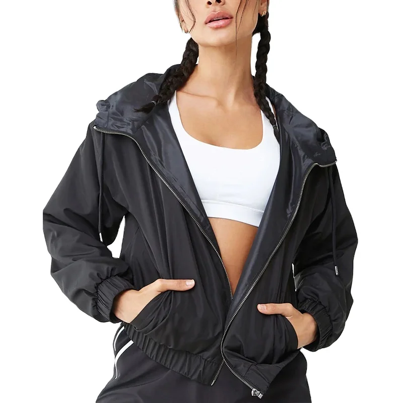 Womens Athletic Woven Windbreaker Jacket Drawstring Hood Front Pocket Long Sleeves Elasticized Trim Jacket