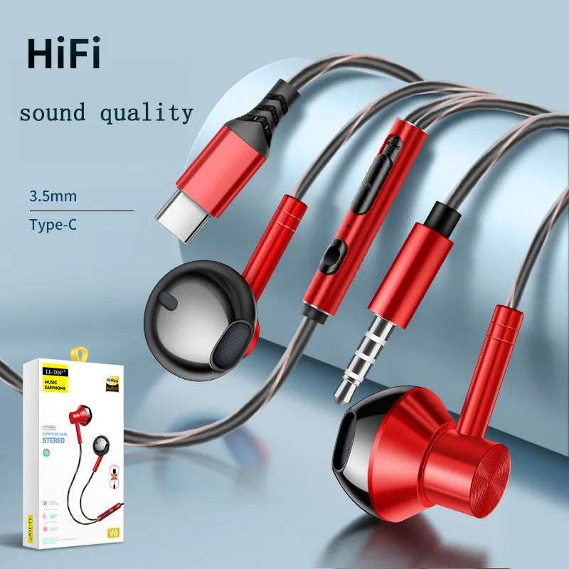 V6 type-C full metal subwoofer quality android smart in-line control call with headset earbuds wired headset earphone gaming