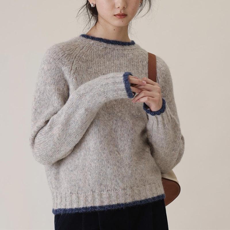 Contrast Color Knitted Collar Round Neck Sweater