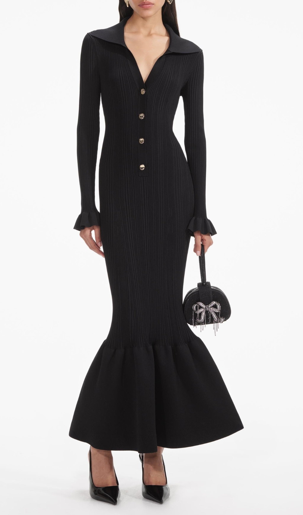 Black Ribbed Knit Fluted Midi Dress