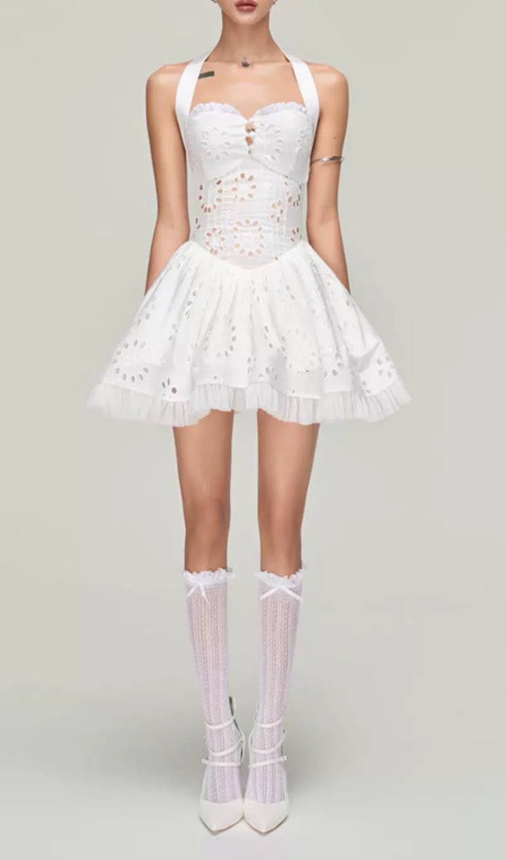 Dia White Halter Embroidery Mini Dress