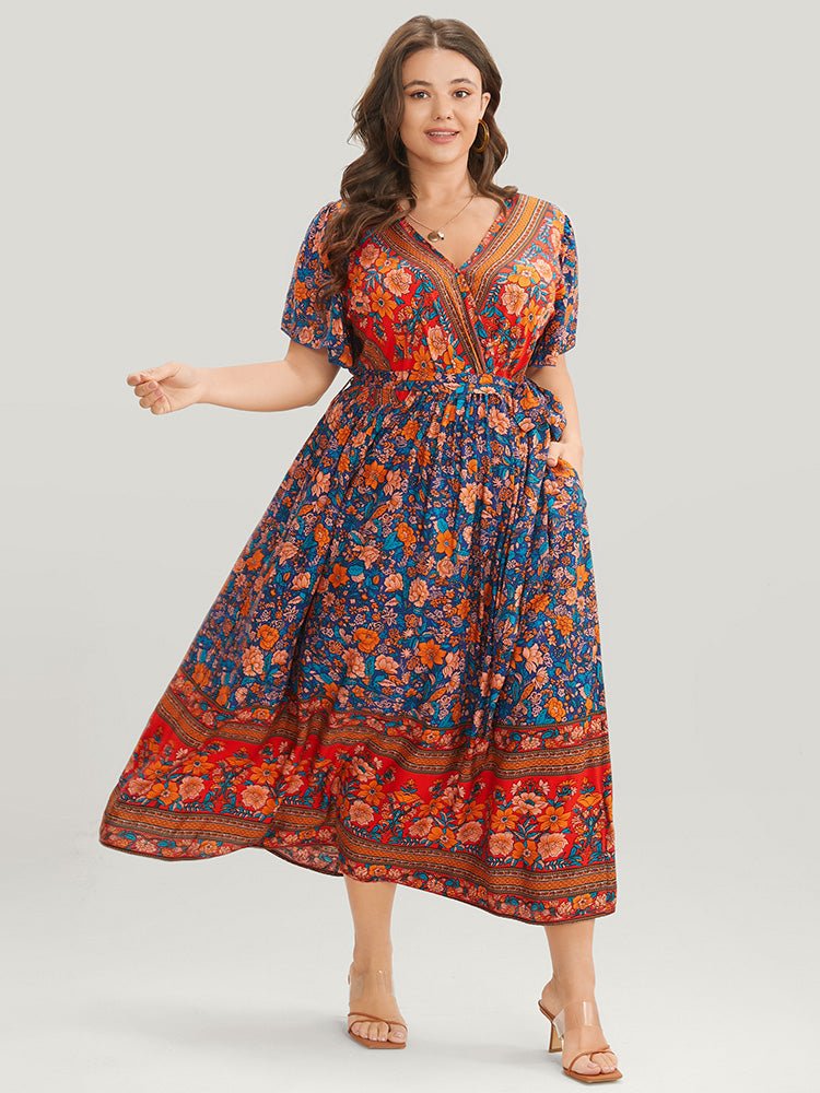 Bandana Surplice Neck Pocket Belted Flutter Hem Maxi Dress