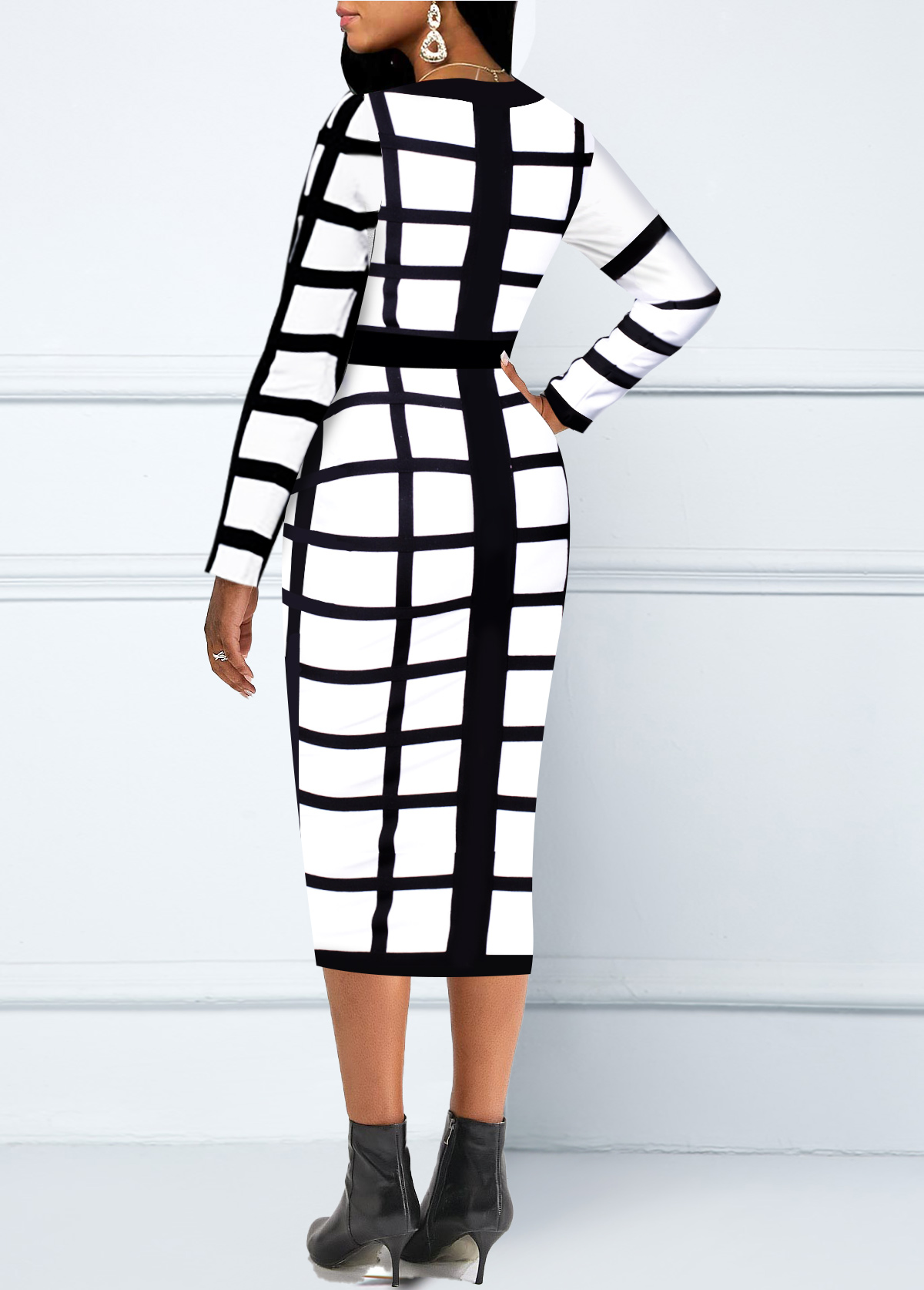 Zipper Closure Plaid Long Sleeve Black Dress