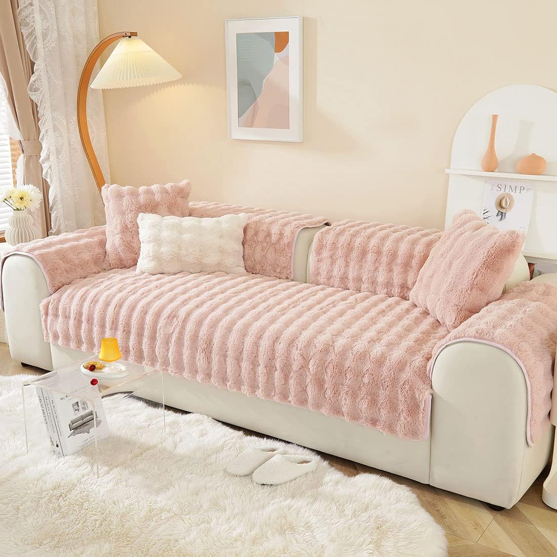 Soft Warm Faux Fur Couch Sofa Cover Thick Shaggy Fuzzy Sectional Couch Cover Non-Slip Solid Color Plush Sofa Slipcover Furniture Protector for Kids, Pets (Cream,28"x28")