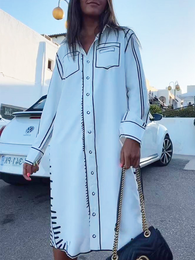 White Long Sleeves Shirt Collar Loose Midi Dress