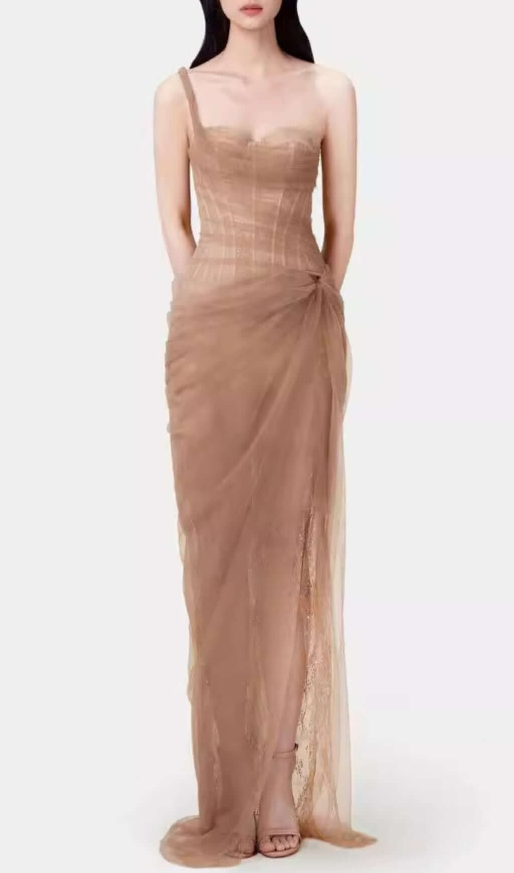 Anandi Brown Mesh Corset Maxi Dress