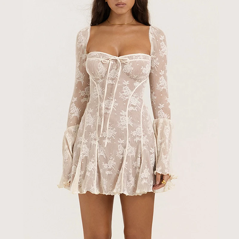 2024 Autumn Clothes Square Neck Long Sleeve Flare Comfy Women Elegant Lace Floral Dresses