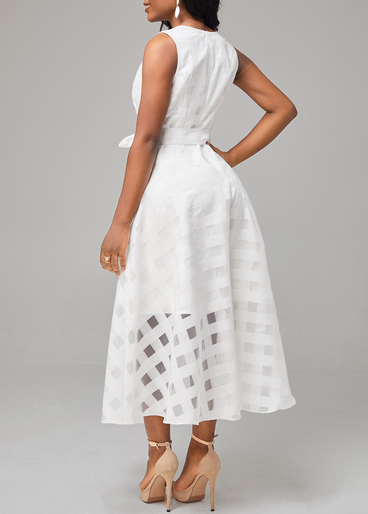 White Mesh Belted Sleeveless Round Neck Dress