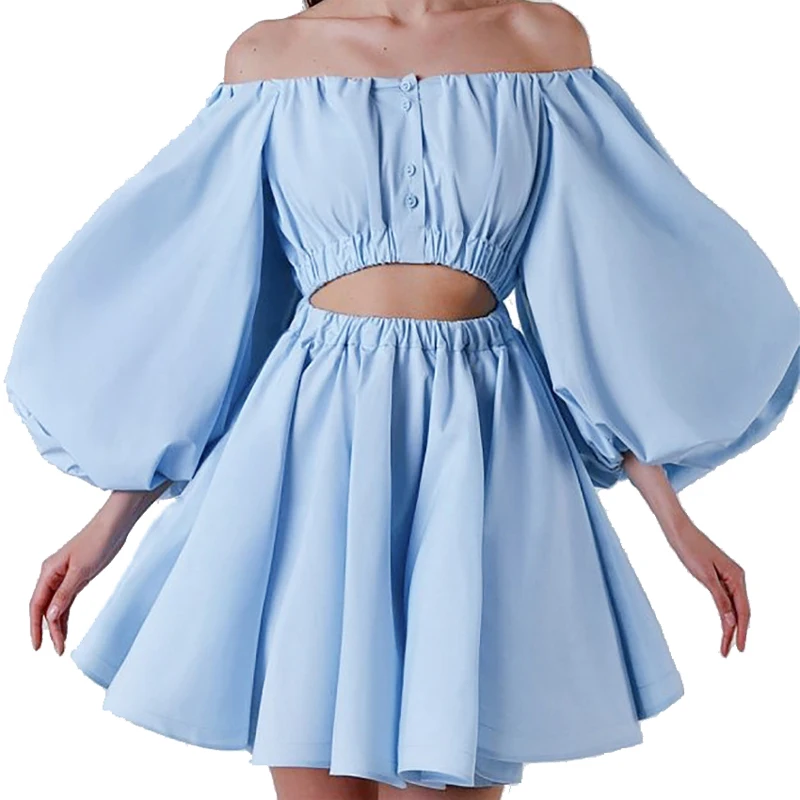 2024 Light Blue High Waist Cut Out Off Shoulder Puff Sleeve Women Elegant Sexy Casual Dresses