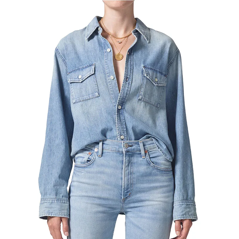Classic Denim Lady Clothes Spread Collar Long Sleeves Chest Pocket Autumn Shirt Casual Clothes Light Denim Blouse Women