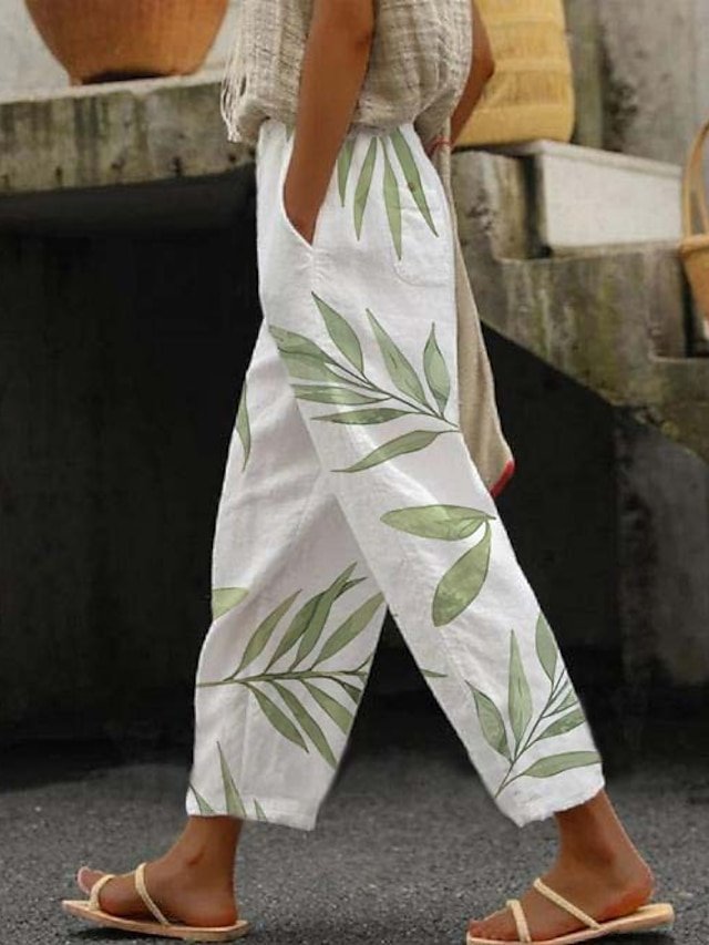 Women's Pants Trousers Faux Linen Blue Green Light Blue Casual Holiday Weekend Side Pockets Full Length Comfort Leaf S M L XL XXL