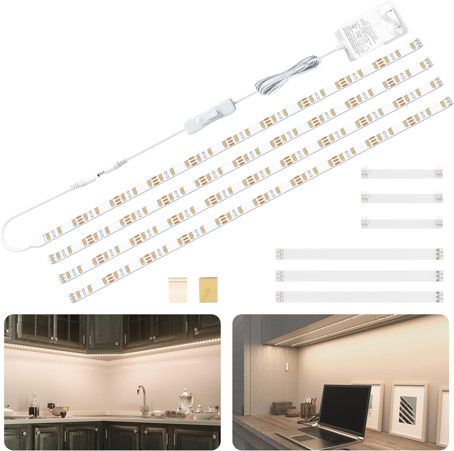 WOBANE LED Cabinet Lights, 4 PCS 20inch LED Strip Lights Kit, Under Counter Lighting for Kitchen, Under Desk, Shelf, Display Case,Furniture, 120 LEDs, 1200 Lumen, 4000K Natural White