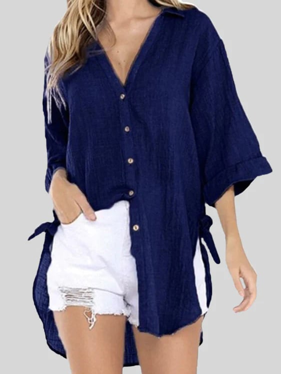 Solid Color V-Neck Front Short Back Long Bracelet Sleeve Fashion Shirt