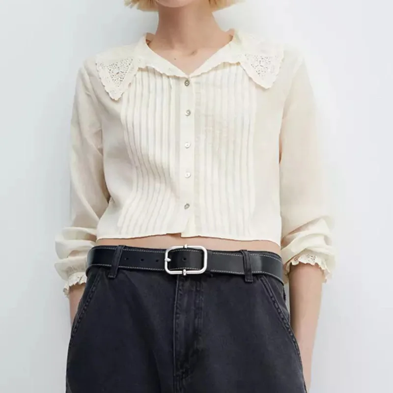 Autumn Daily Shirt Style Casual Women's Sweet Regular Pleated Open lace Shirt With Collar