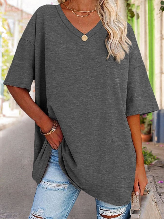 Solid Color V-Neck Half Sleeve Casual T-Shirt