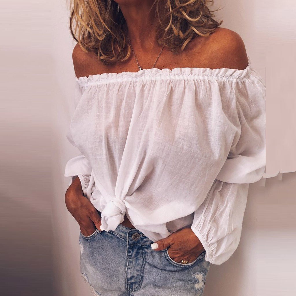Elastic pleated cotton and linen long-sleeved Off shoulder shirt