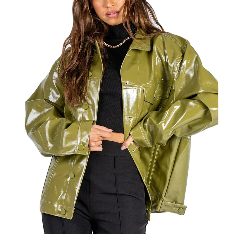 Green Vinyl Oversized Jacket Fashion Vintage Faux Leather Jacket Chic Fall Jacket For Rock
