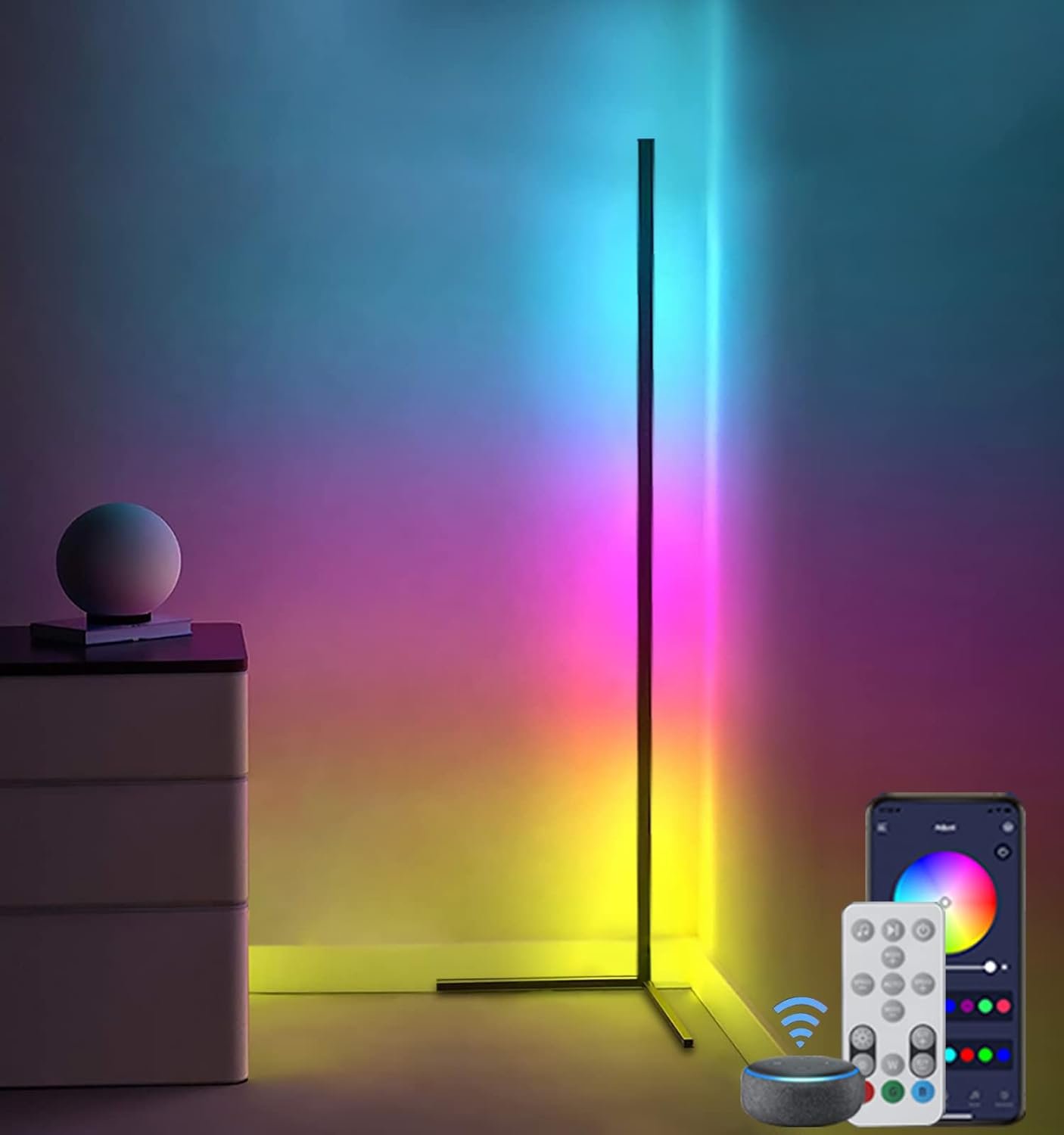 RGB Corner LED Floor Lamp, Corner Floor Lamps, 56" Music Mood lighting Sync Dimmable Home Decor, Color Changing Gaming Light, Timing Stand Lights for Bedroom, Living Room, DIY Colors &amp; Scene Modes