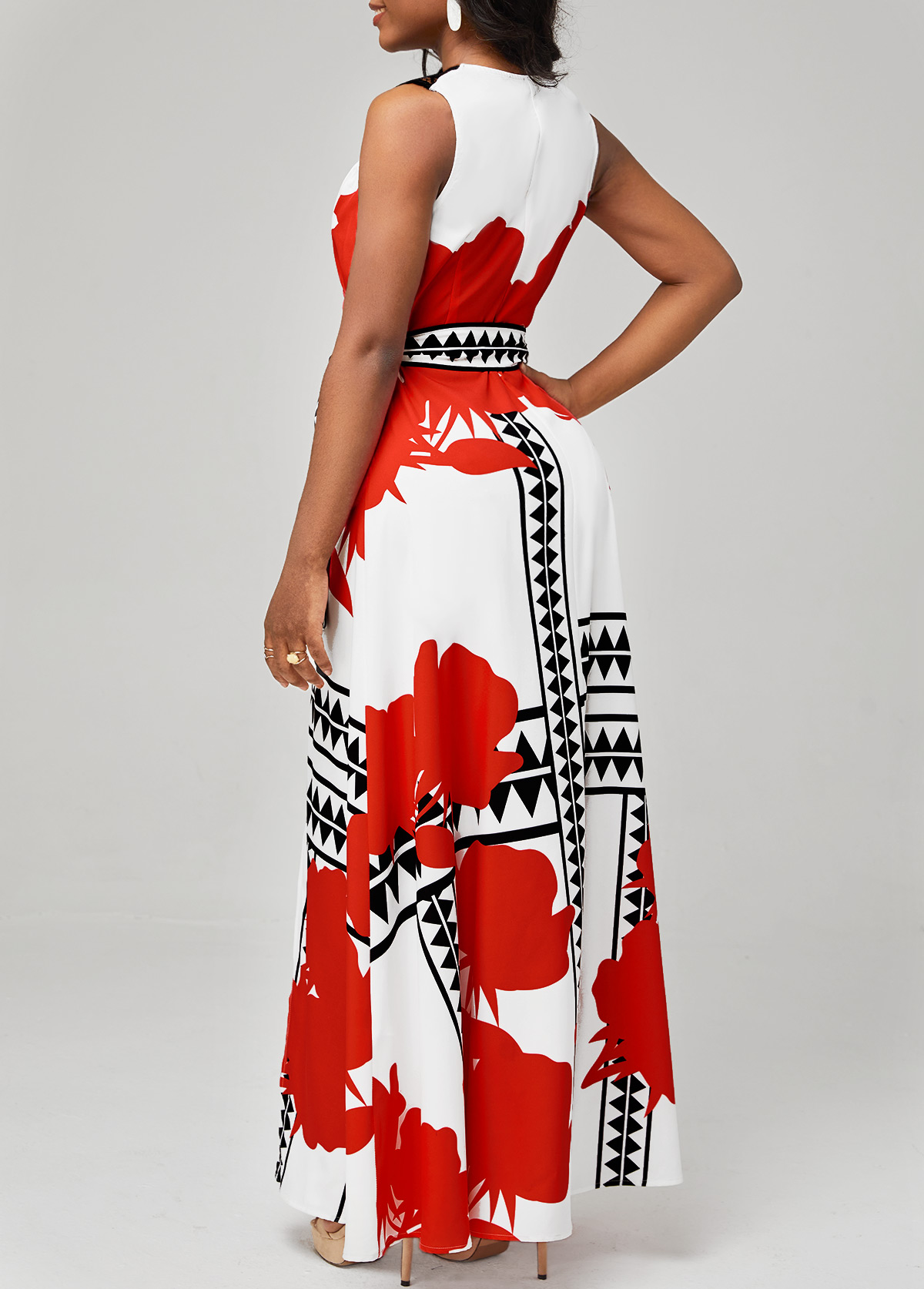 White Floral Print Side Slit Belted Dress