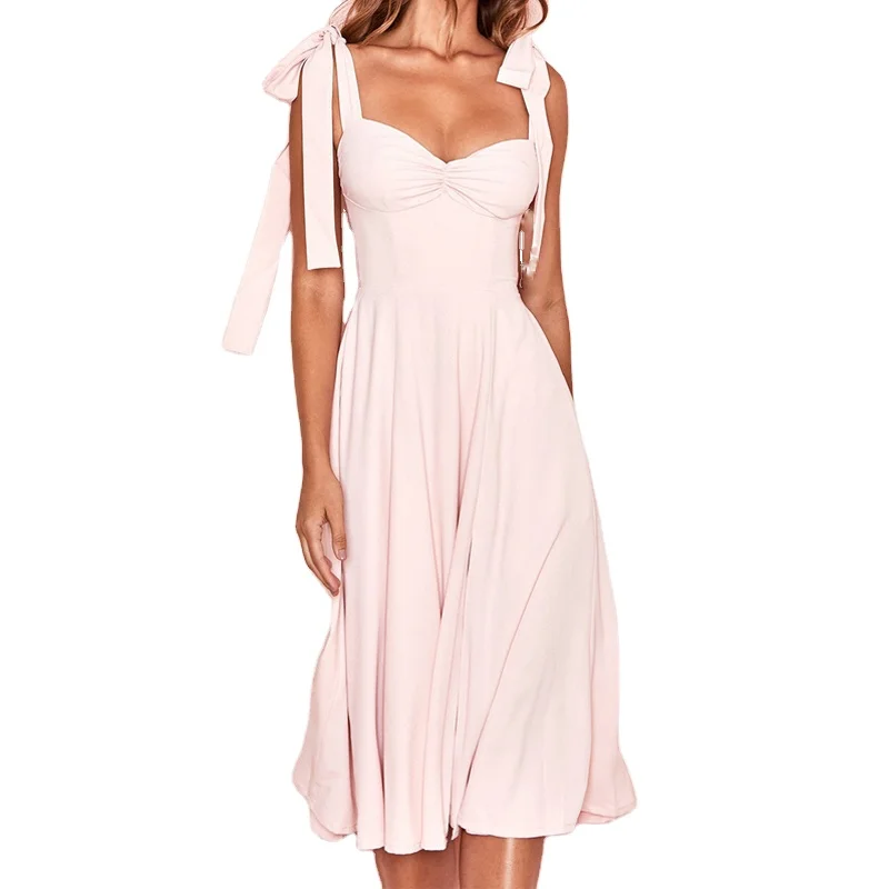 2024 Design Tie Shoulder Sleeveless Holiday Women Casual Elegant Sexy Chiffon Dresses