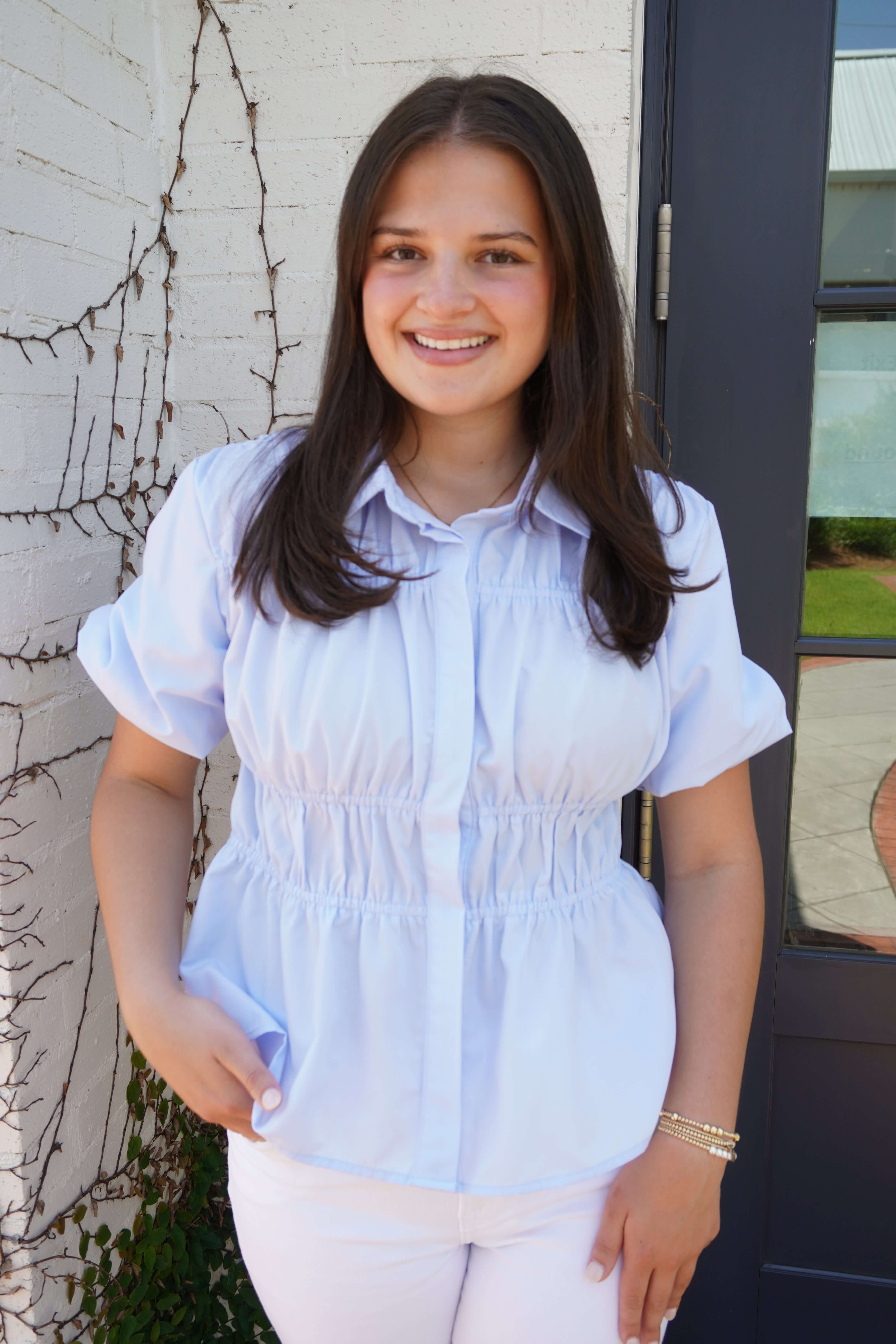 Bluebell Breeze Ruched Peplum Blouse – Sky Mist