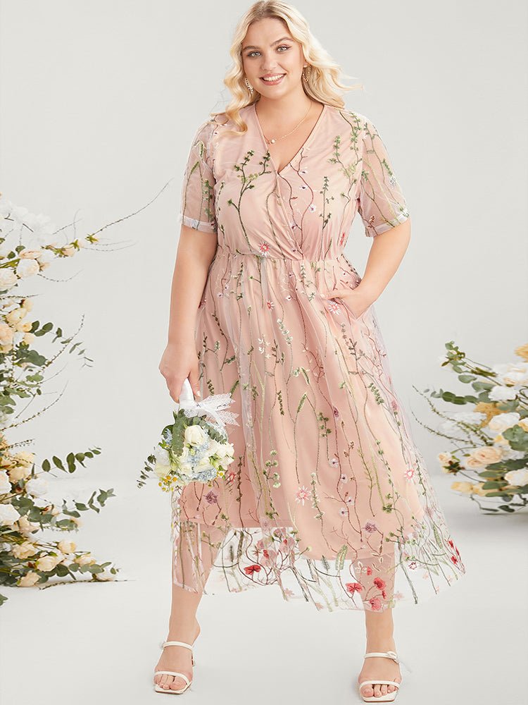 Floral Embroidered Pocket Mesh Elastic Waist Surplice Neck  Dress
