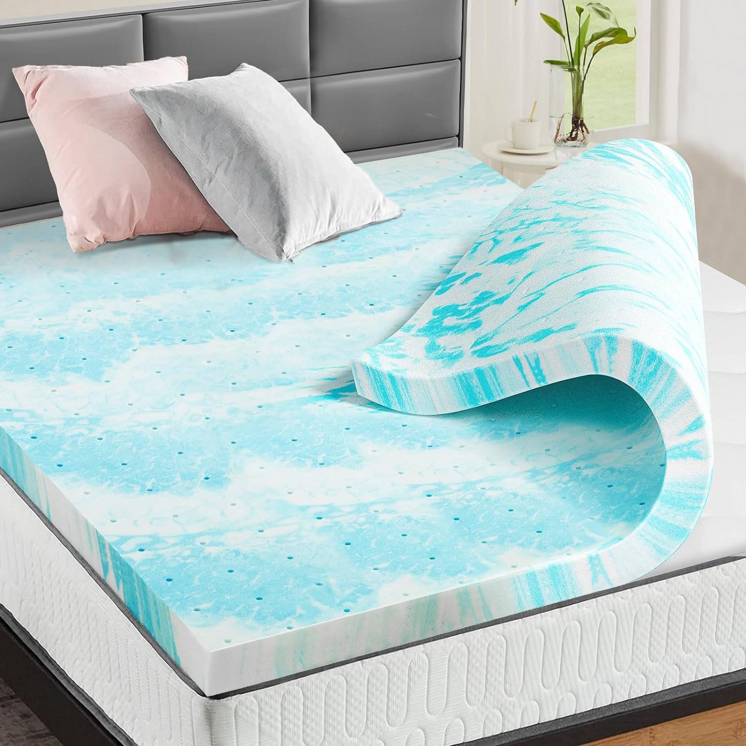 OLIXIS Mattress Topper Full Memory Foam, 3 Inch Thick Gel Infused Bed Toppers for Full Size Bed, Soft Mattress Pads for Sleeper Sofa, RV, Camper, Blue