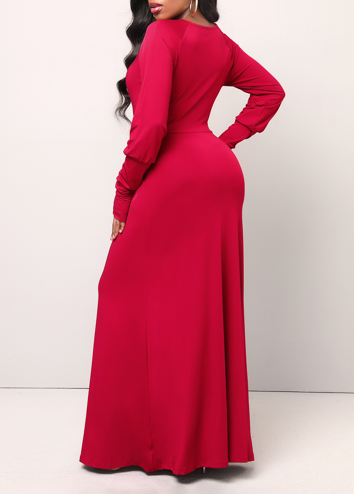 Wine Red Round Neck Long Sleeve Maxi Dress