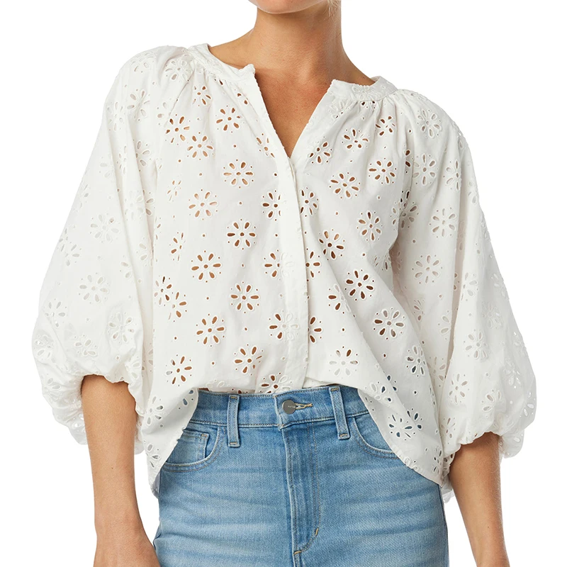 Based Style Three-quarter Puff Sleeves Regular Solid Casual Eyelet Cotton Button-Up Comfy Shirt Top Women