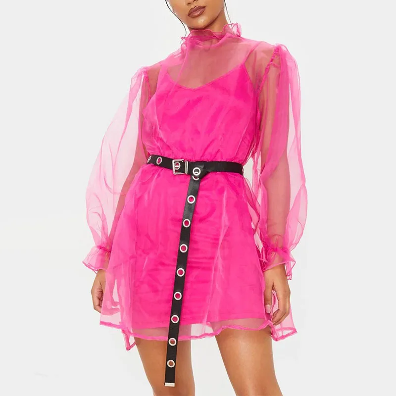 2024 New Design Women Long Sleeve Hot Pink Organza Puff Sleeve Smock Dress