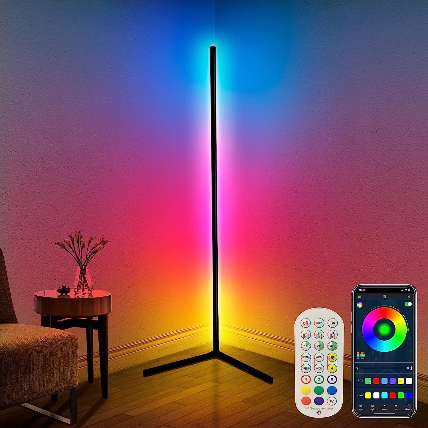 Corner Floor Lamp,65” Color Changing LED Floor Lamp with Music Sync,Modern Mood Lighting Corner Lamp with Remote &amp; App Control, Creative DIY Mode &amp; Timing,RGB Floor Lamp for Living Room Gaming
