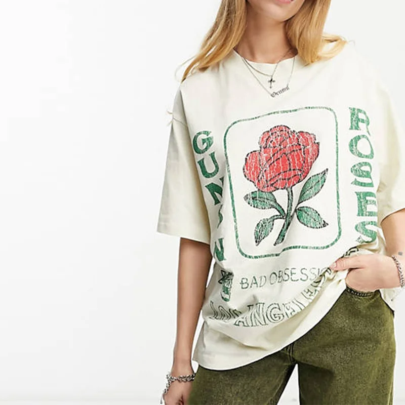 Hot Selling Tops Women's Crew Neck Drop Shoulder Oversized Rose License Graphic Beige T-shirts