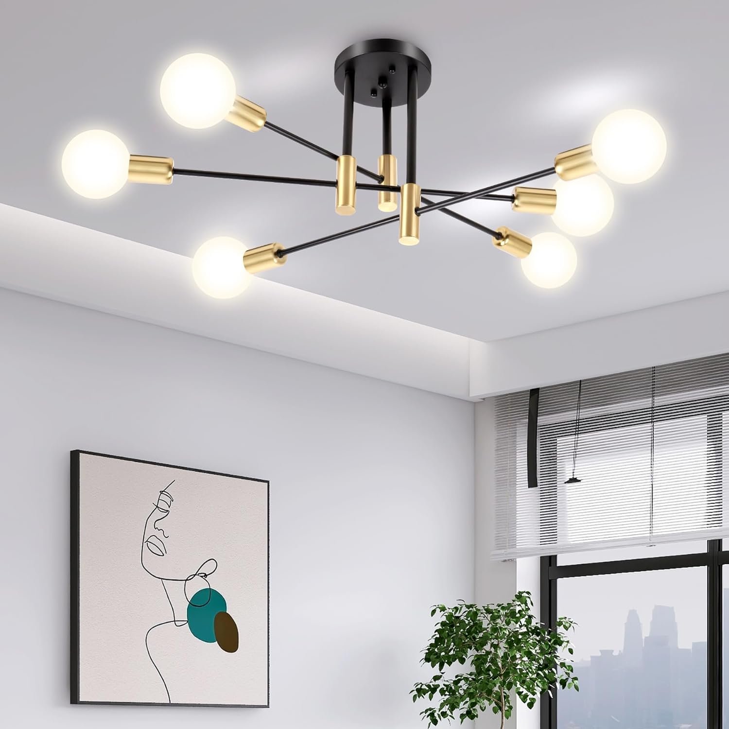 SILAMPDI Modern Sputnik Chandelier, 6-Light Black Gold Ceiling Light Fixture, Industrial Sputnik Lights Fixture for Bedroom, Living Room, Dining Room, Kitchen, Hallway, E26 Base, Bulbs Not Included
