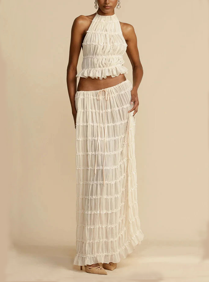 Versatility and Vintage Charm Pleated Drawstring Waist Tiered Maxi Skirt
