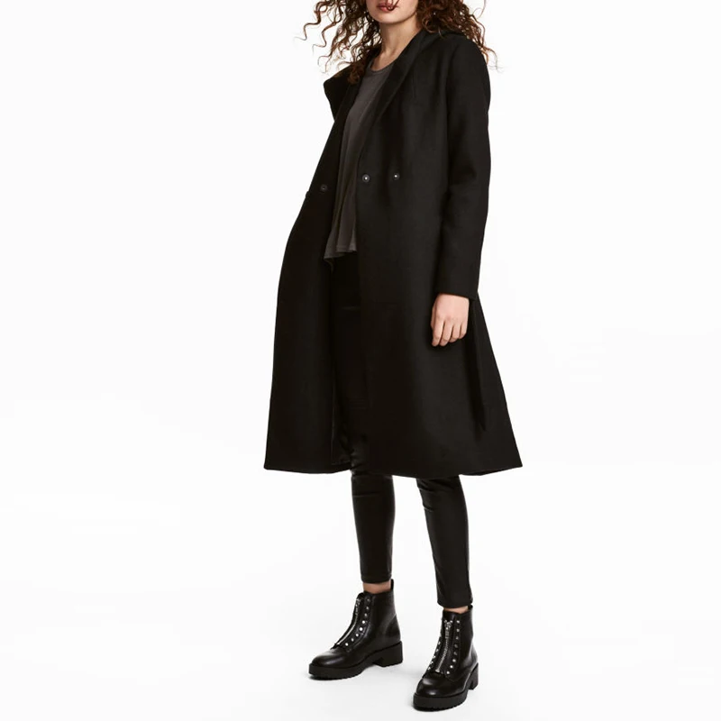 New Arrival Women's Woolen Long Winter Coat V-Neck Blazer with Belt Closure Polyester Lining Solid Coat