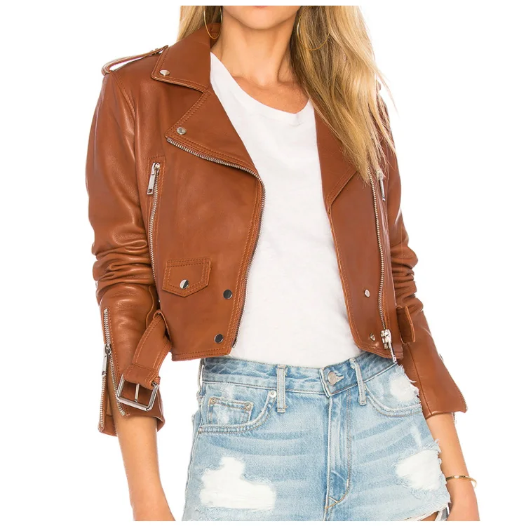 High Quality Real Leather Belted Waist Zipper Closure Solid Pockets Spring Cropped Biker Jacket Women