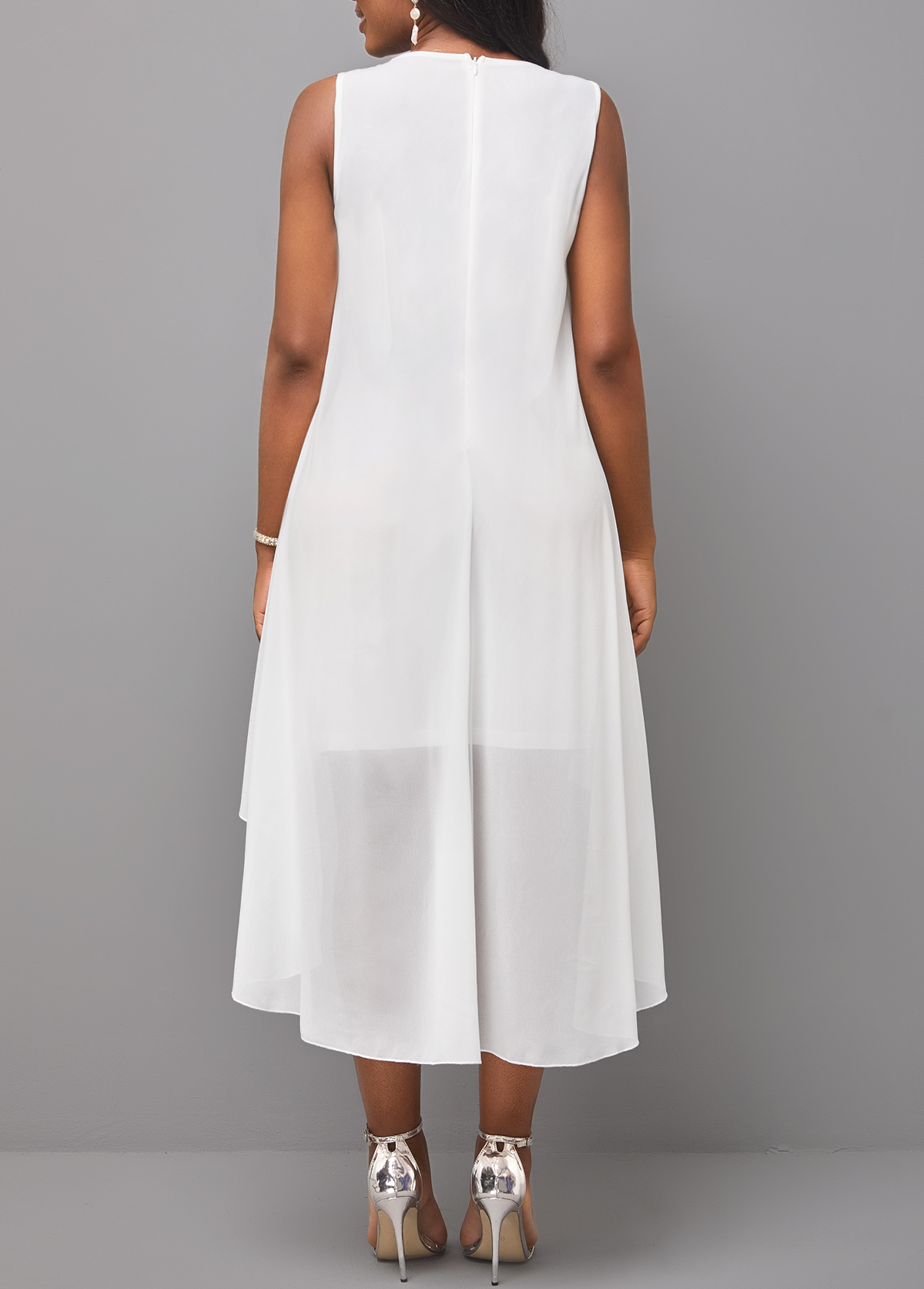 White Hollow Embroidered Round Neck Sleeveless Dress
