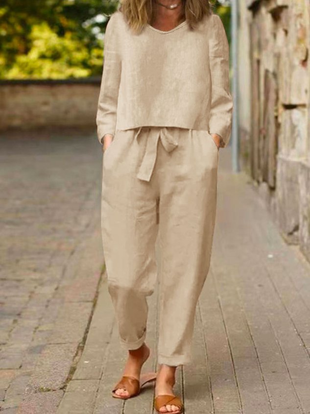 Plus size Casual Plain V Neck Two-Piece Set