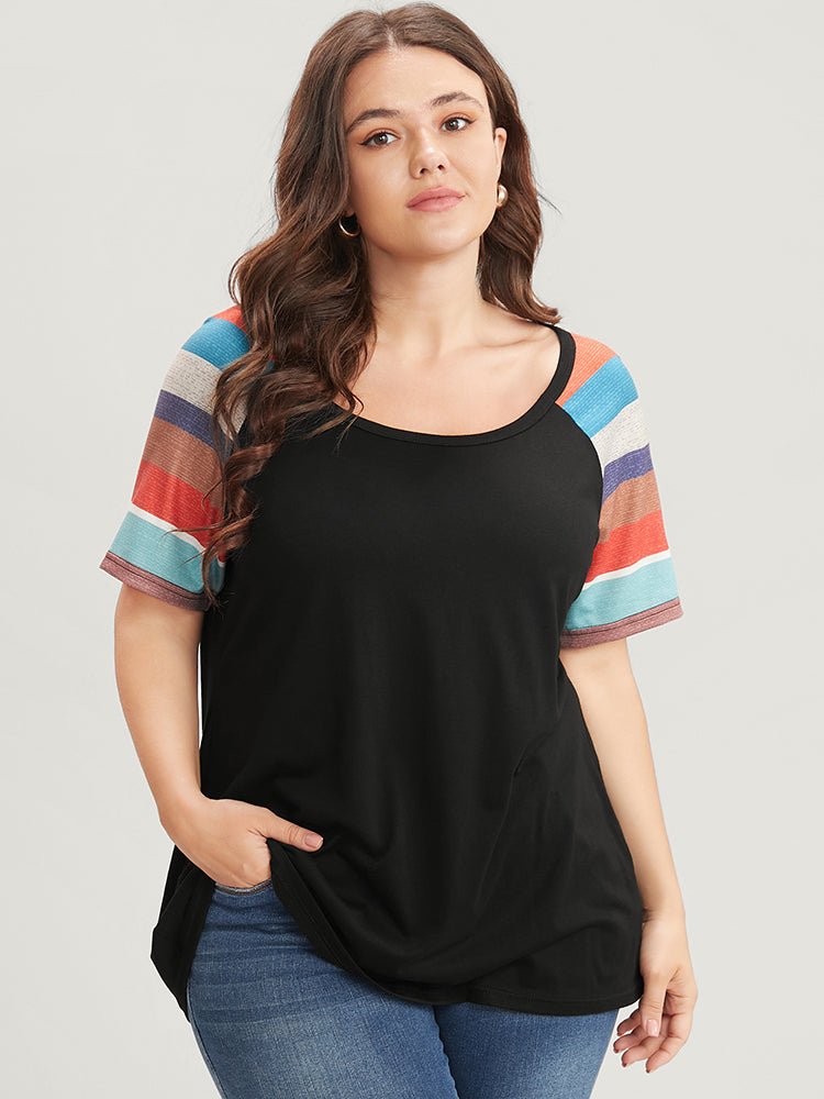 Striped Contrast Raglan Sleeve Round Neck T-shirt